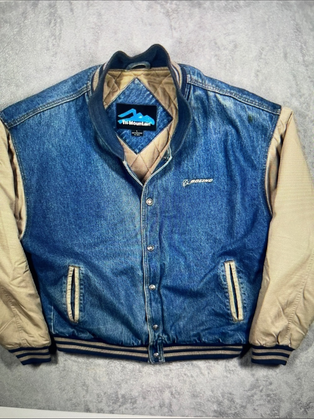 Boeing Men's Denim and Tan Varsity Bomber Jacket